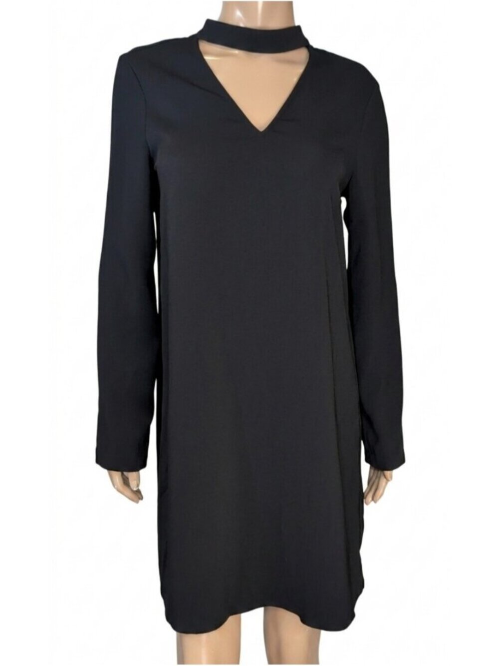 Lord & Taylor Black Choker Neck Shift Dress Long Sleeve Keyhole Size Medium